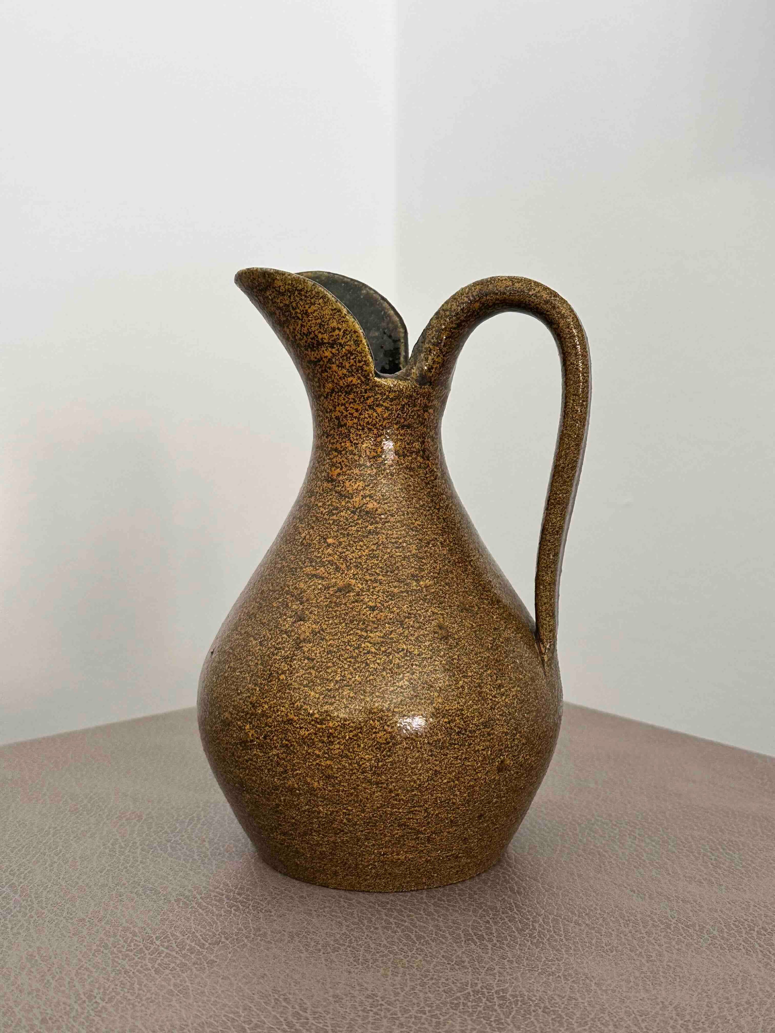 Vintage Accolay French Pottery Pitcher, Mid Century Studio Ceramic Vase, Speckled Earth-Tone Glaze