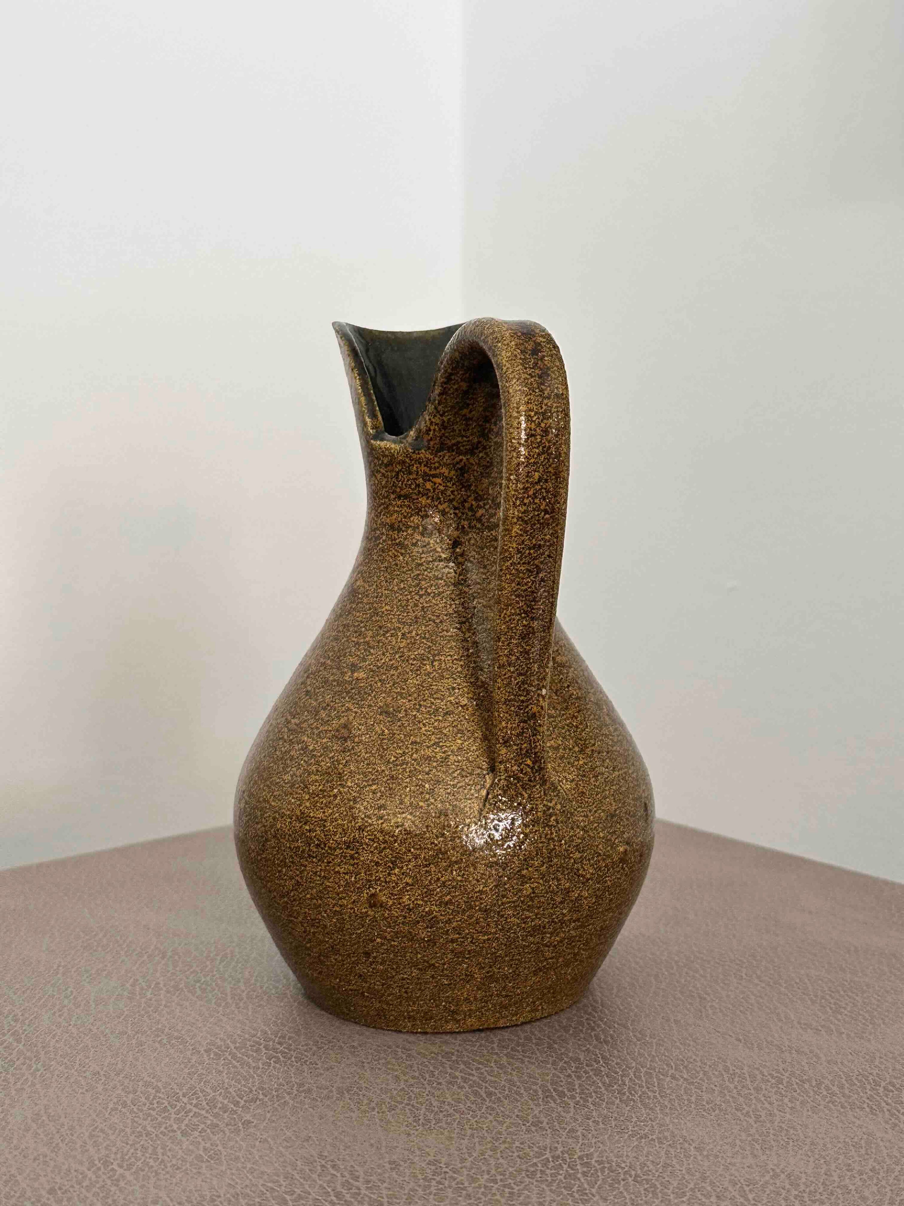 Vintage Accolay French Pottery Pitcher, Mid Century Studio Ceramic Vase, Speckled Earth-Tone Glaze