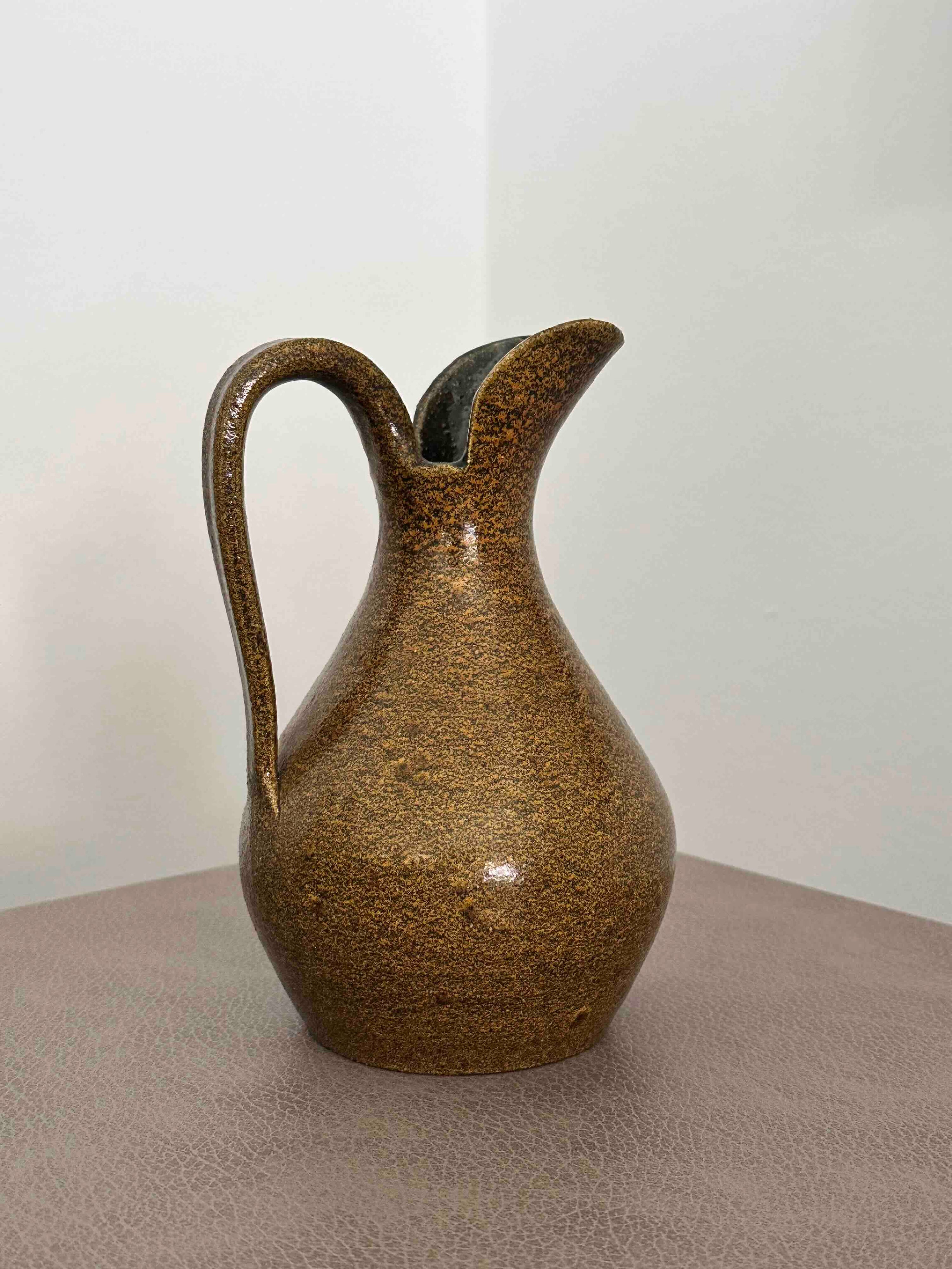 Vintage Accolay French Pottery Pitcher, Mid Century Studio Ceramic Vase, Speckled Earth-Tone Glaze