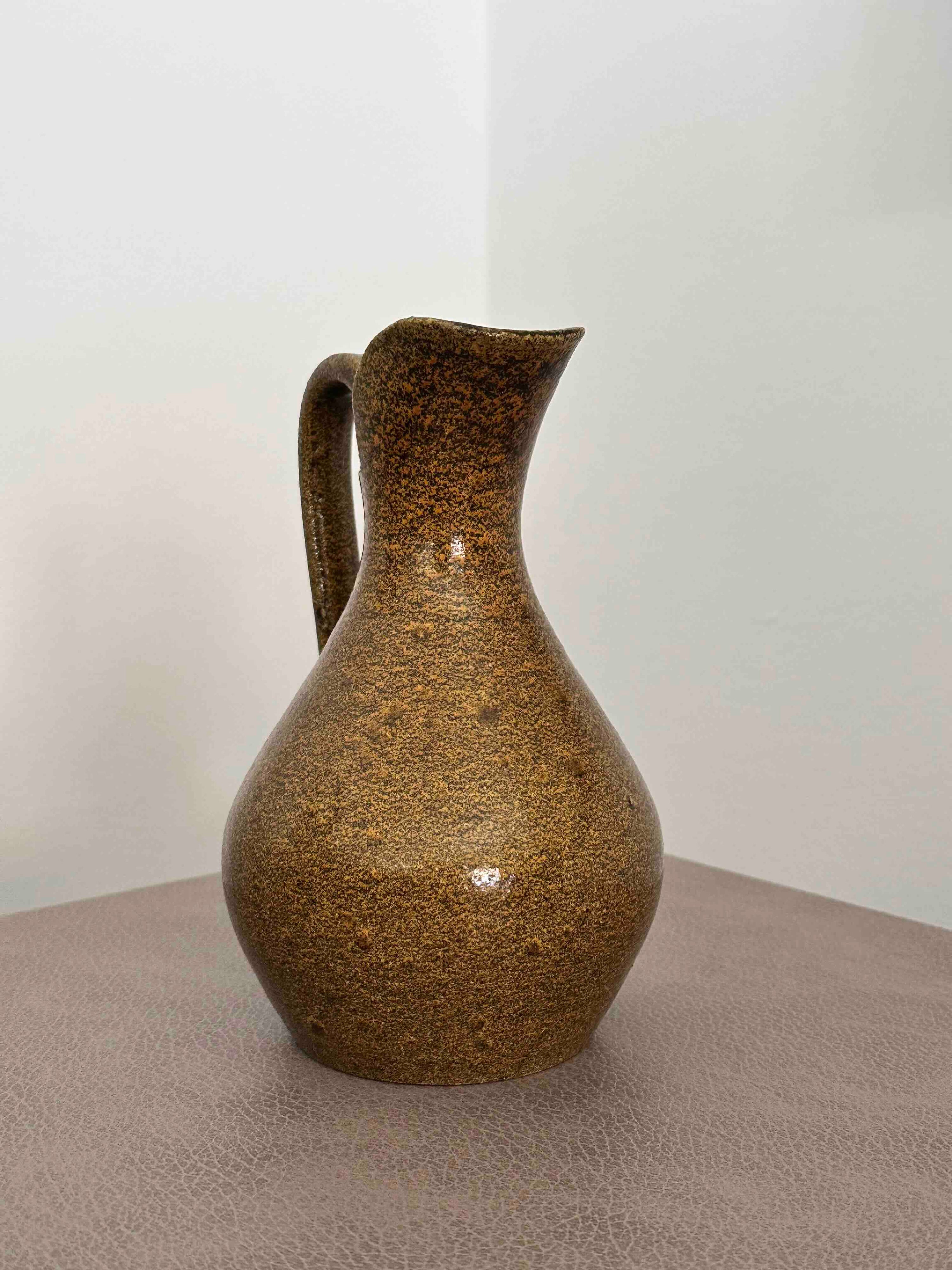 Vintage Accolay French Pottery Pitcher, Mid Century Studio Ceramic Vase, Speckled Earth-Tone Glaze