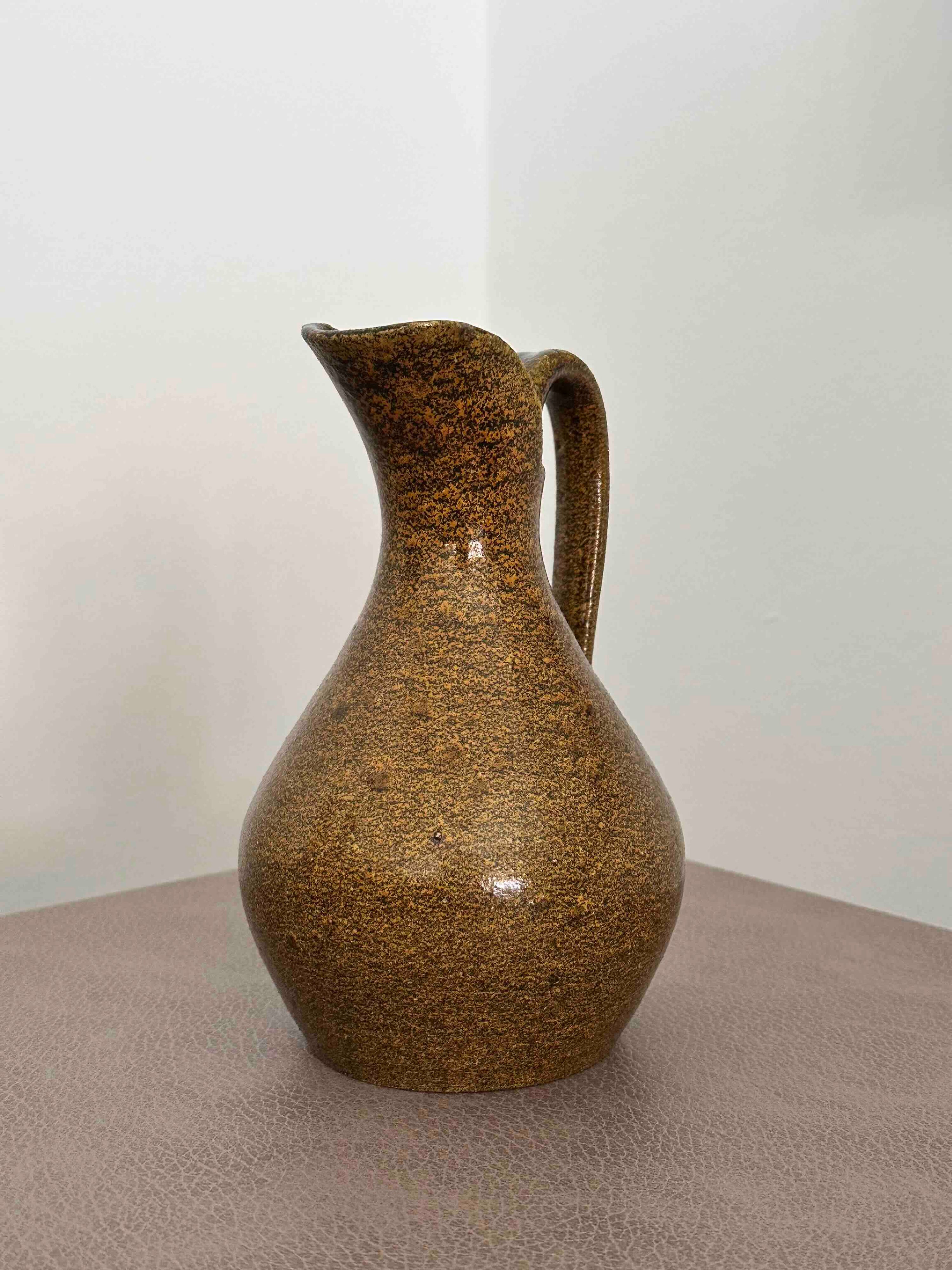 Vintage Accolay French Pottery Pitcher, Mid Century Studio Ceramic Vase, Speckled Earth-Tone Glaze
