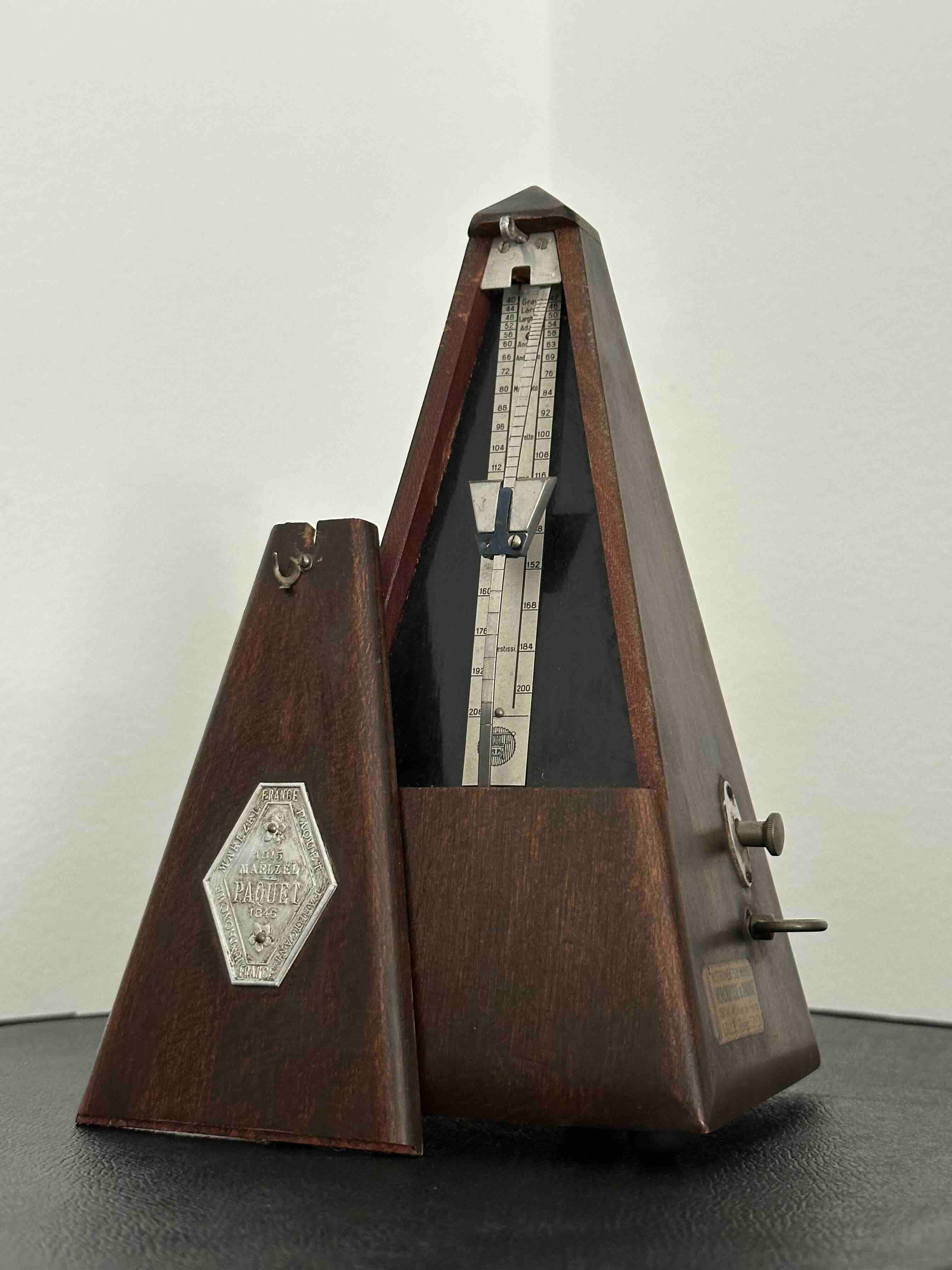 Vintage French Maëlzel Paquet Metronome, 1930-45, Solid Wood Case, Mechanical Wind-Up, Functional Without Bell