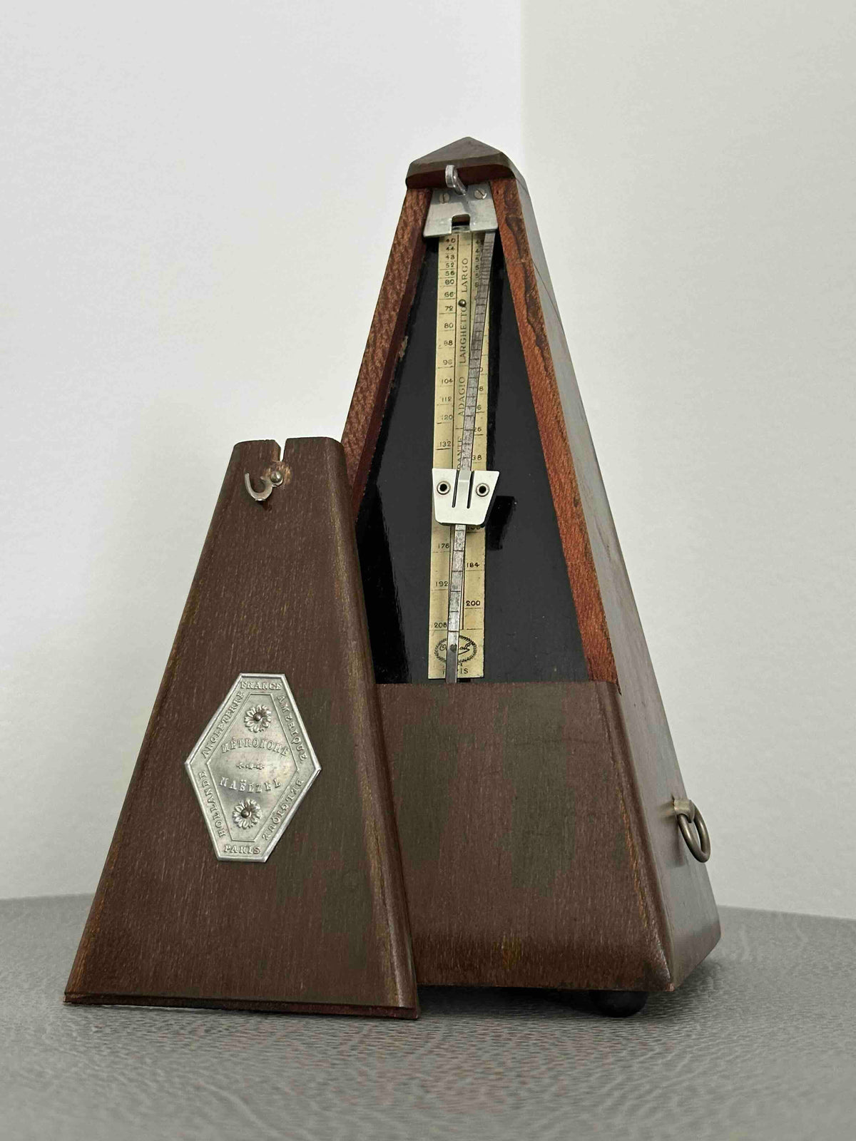 Antique Over All Paris French Metronome, c. 1910s–1920s, Maelzel System, Solid Wood Case, Mechanical Wind-Up