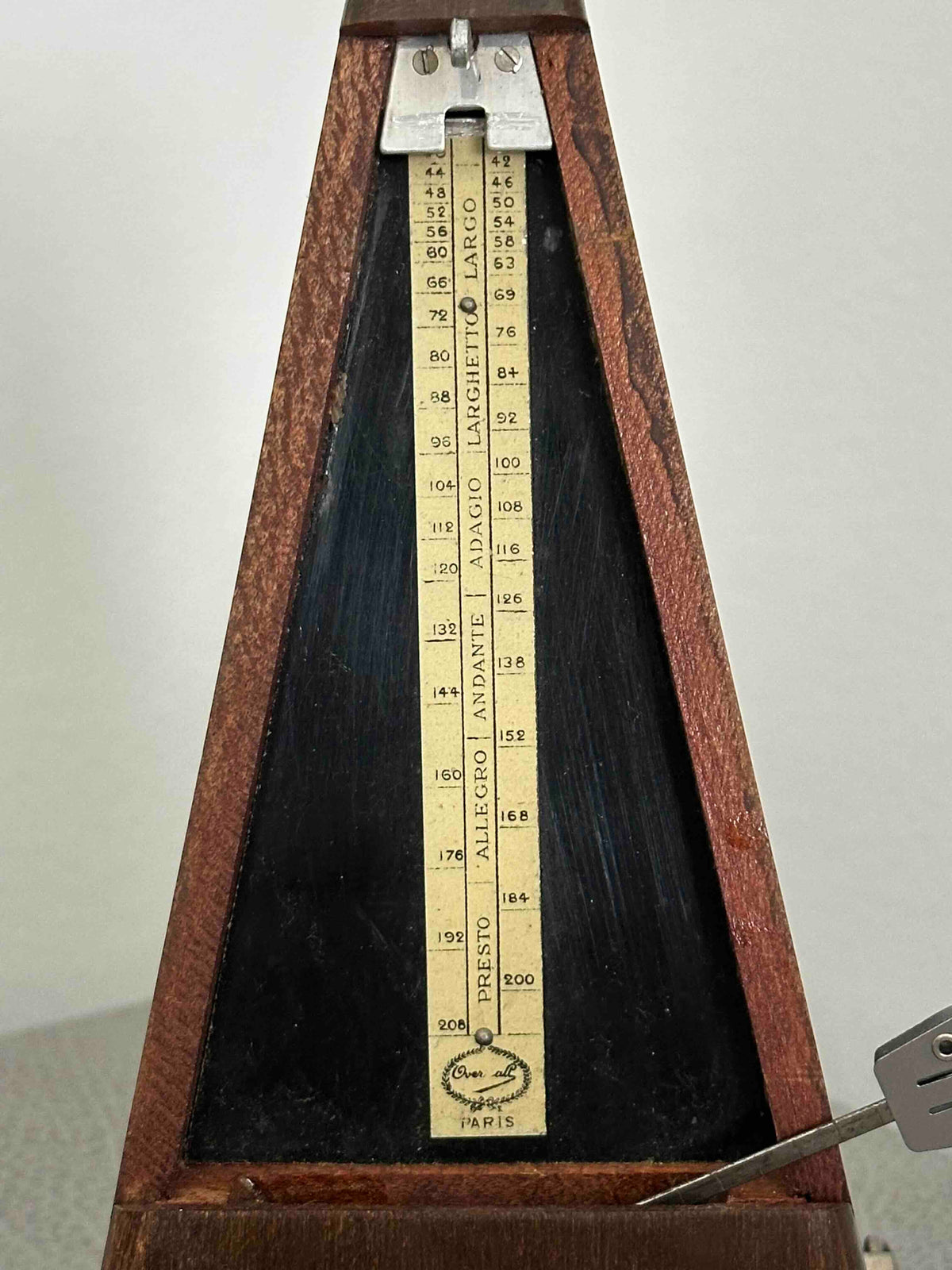 Antique Over All Paris French Metronome, c. 1910s–1920s, Maelzel System, Solid Wood Case, Mechanical Wind-Up