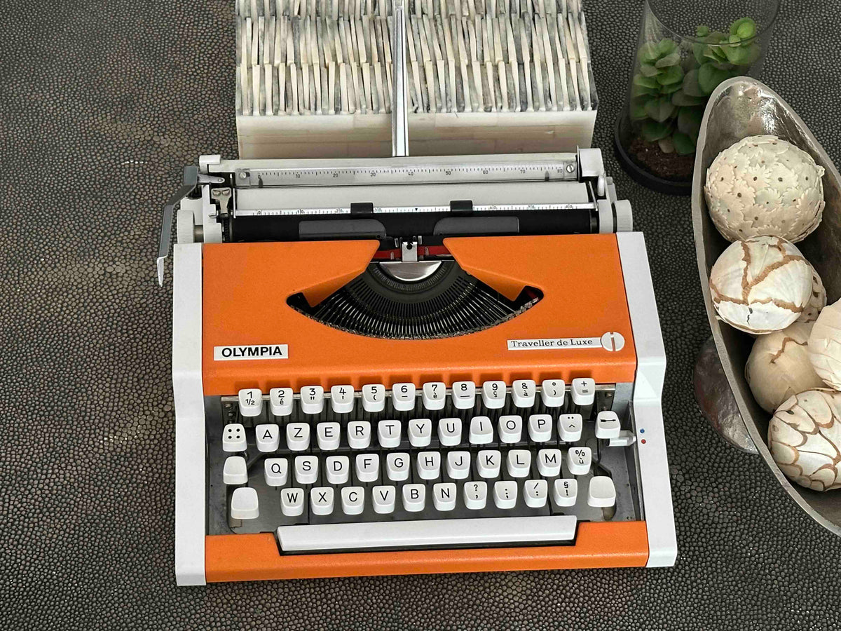 Orange Olympia Traveller de Luxe Typewriter with Azerty Layout, 1977, Fully Working Typewriter