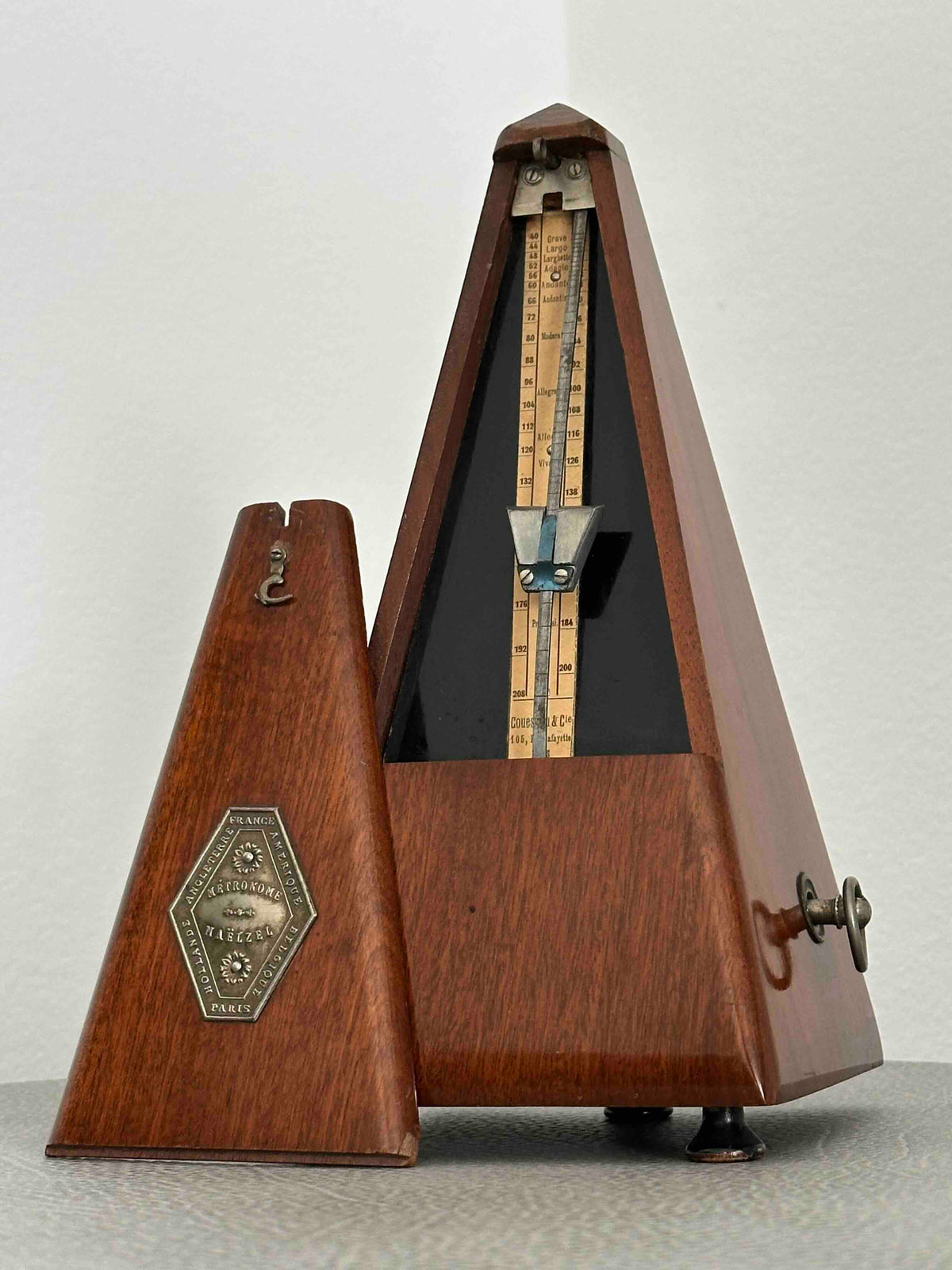 Antique Couesnon & Cie French Metronome, c. 1920s, Maelzel System, Solid Wood Case, Mechanical Wind-Up, Fully Functional