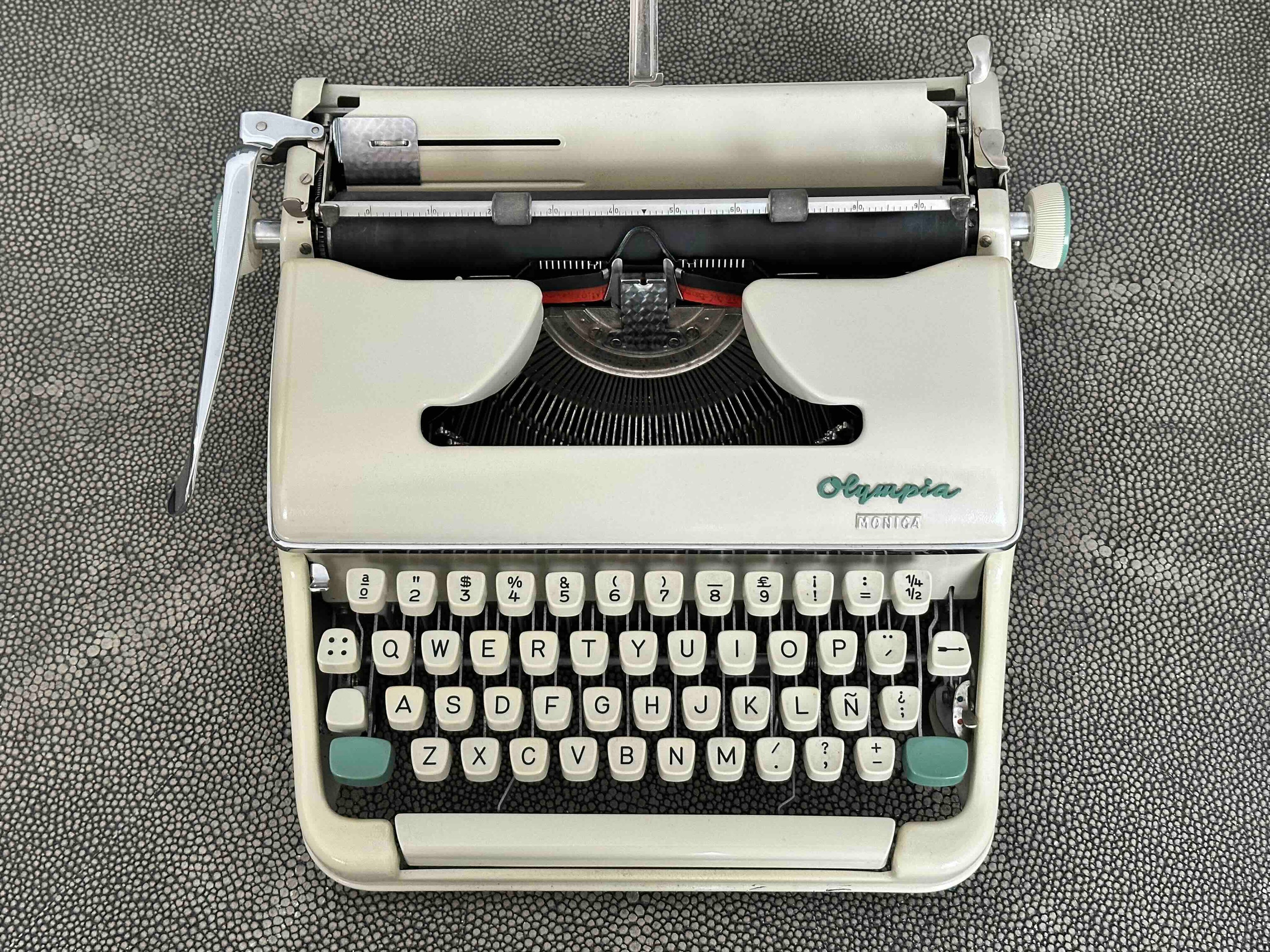 Olympia Monica Typewriter with Qwerty Layout, 1963, Pearl Body with Green Keys, Fully Functional