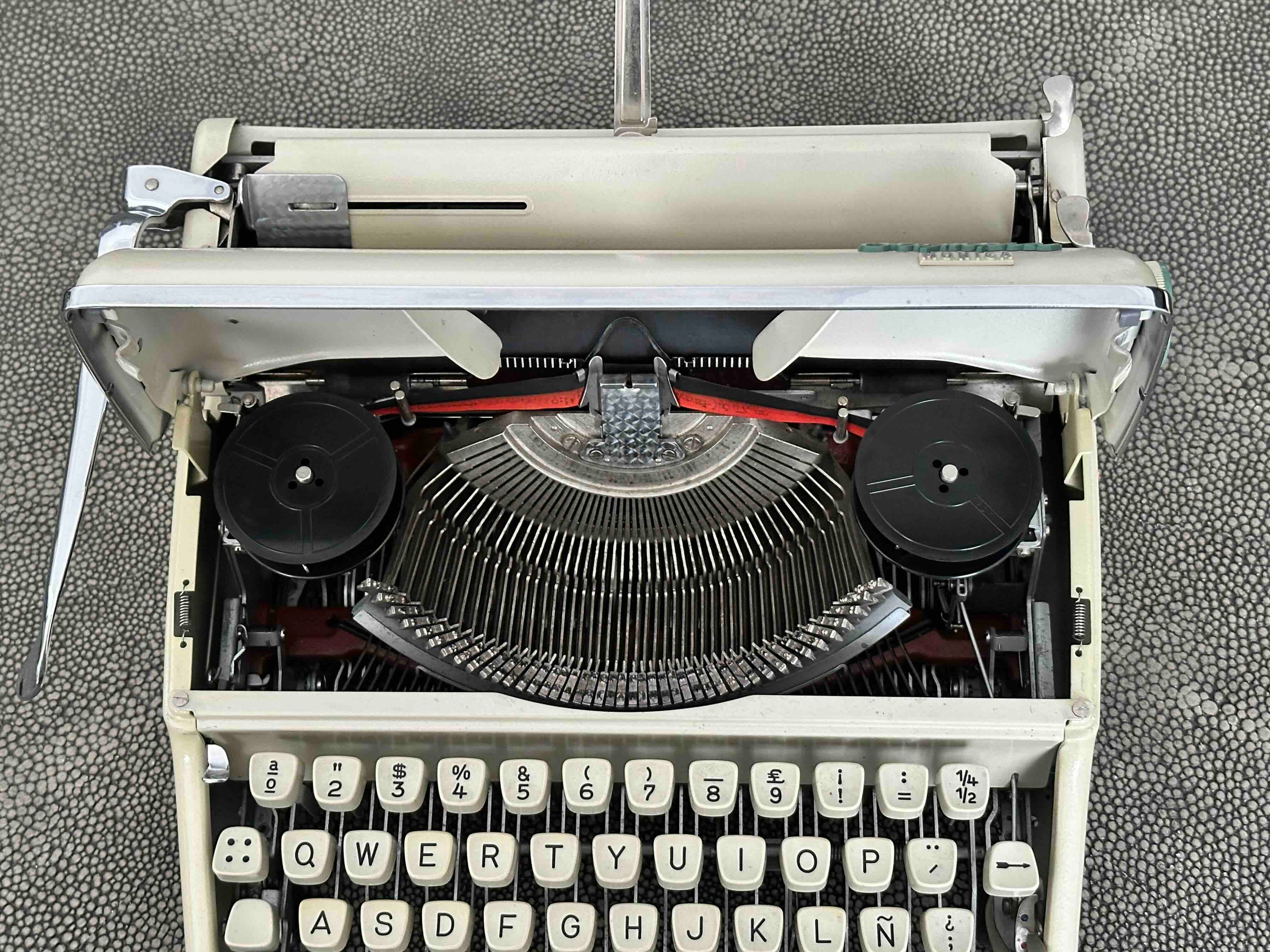 Olympia Monica Typewriter with Qwerty Layout, 1963, Pearl Body with Green Keys, Fully Functional