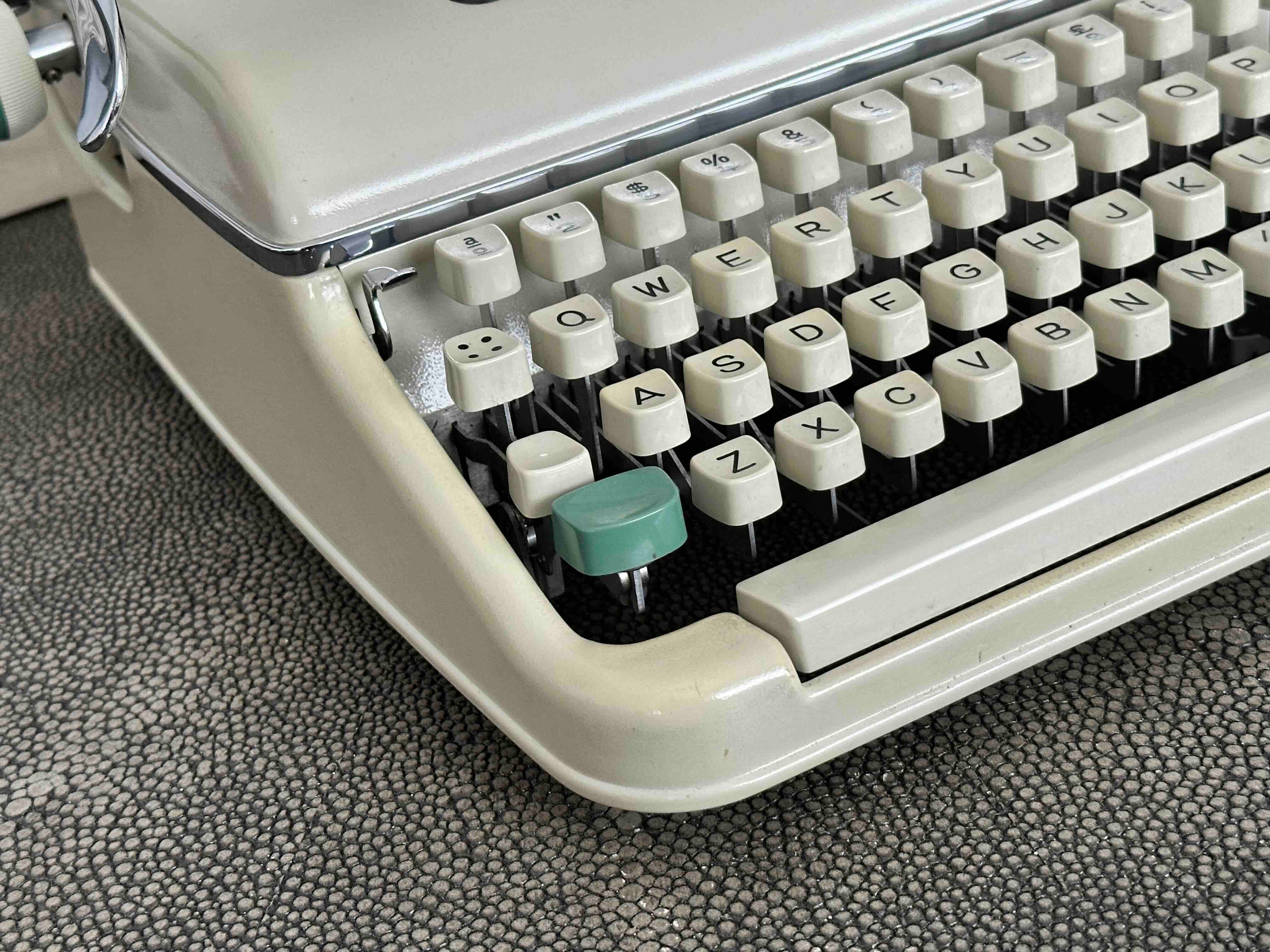 Olympia Monica Typewriter with Qwerty Layout, 1963, Pearl Body with Green Keys, Fully Functional