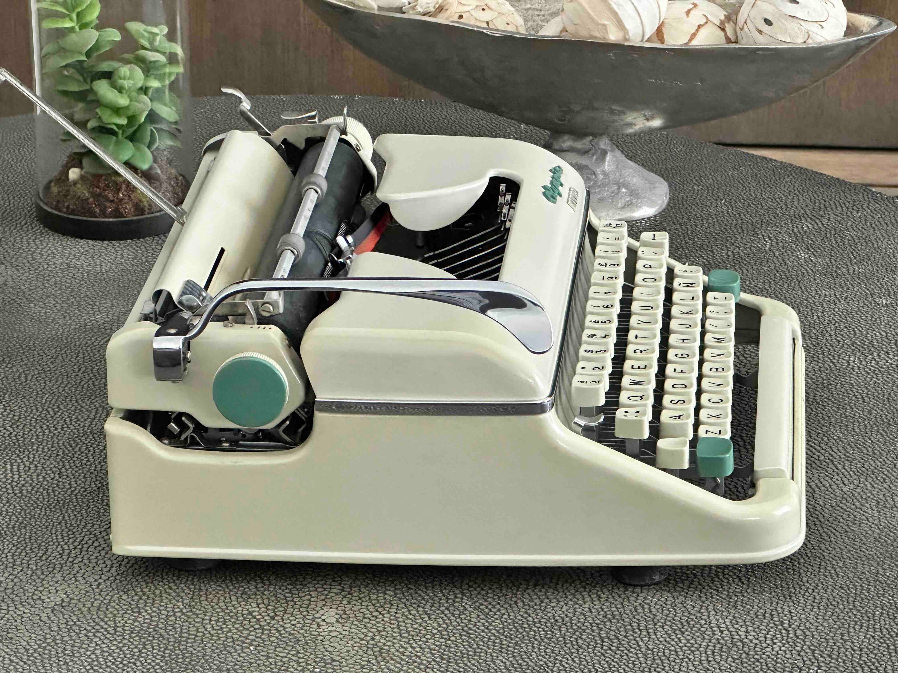 Olympia Monica Typewriter with Qwerty Layout, 1963, Pearl Body with Green Keys, Fully Functional