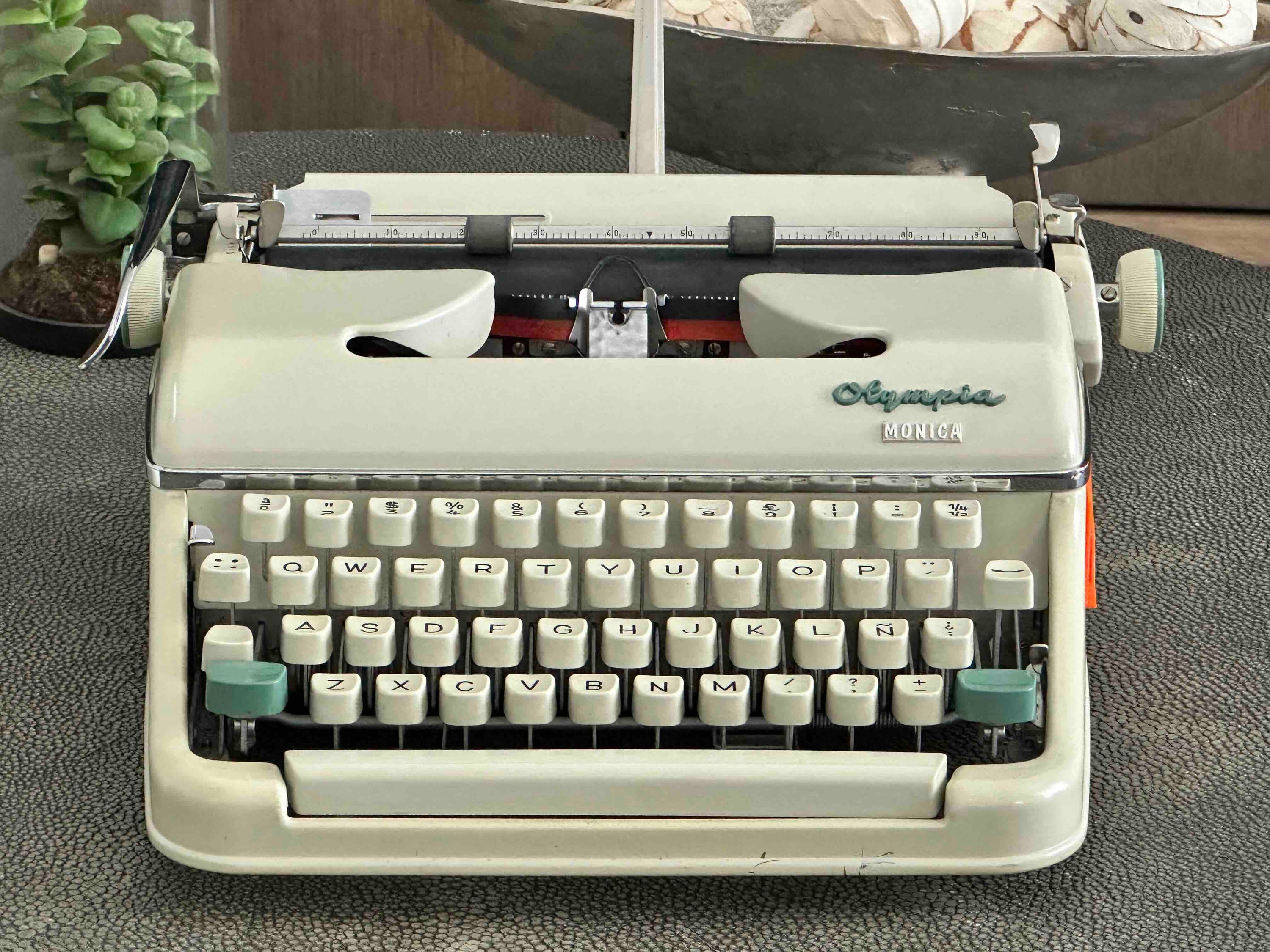 Olympia Monica Typewriter with Qwerty Layout, 1963, Pearl Body with Green Keys, Fully Functional