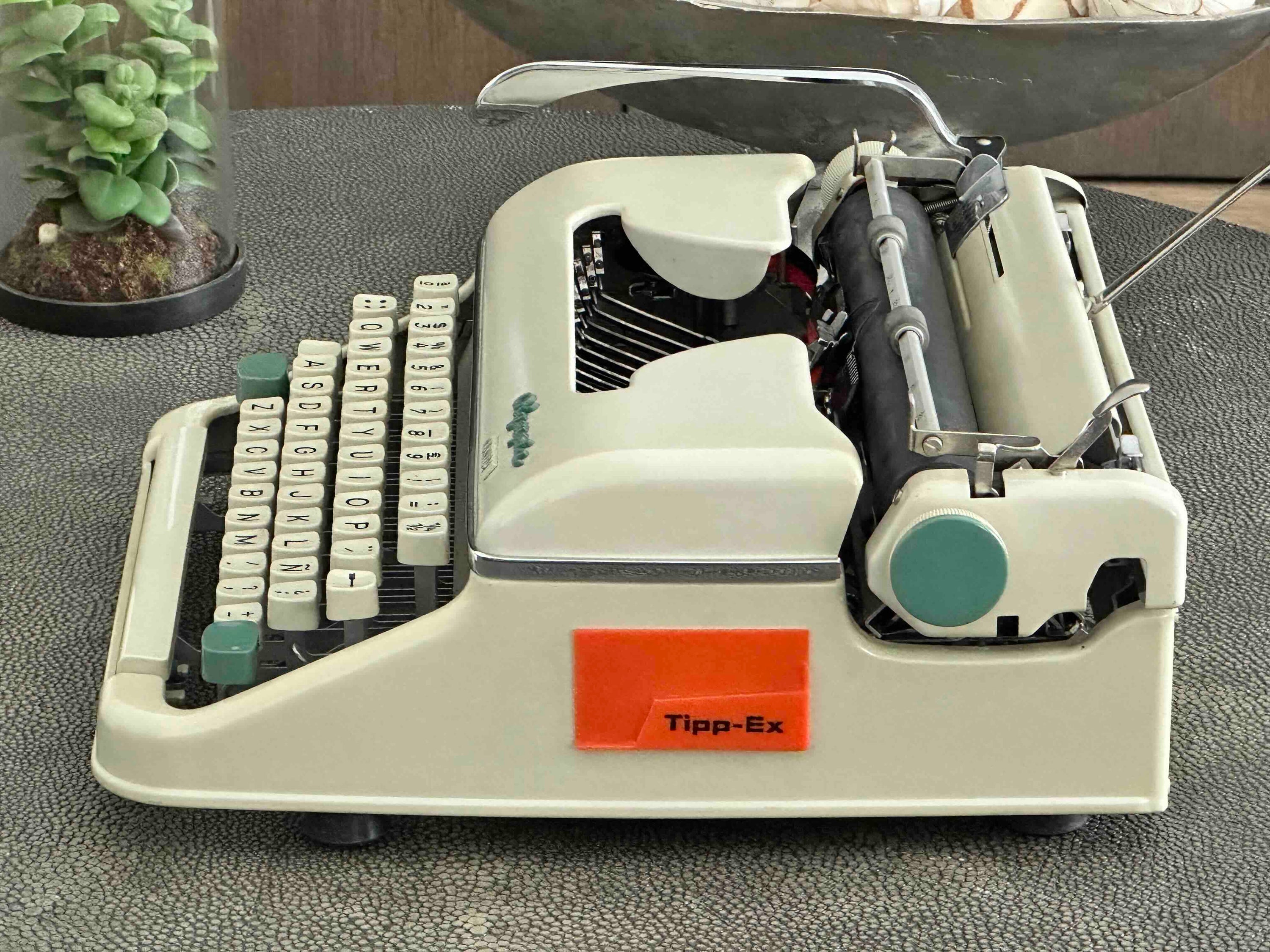 Olympia Monica Typewriter with Qwerty Layout, 1963, Pearl Body with Green Keys, Fully Functional