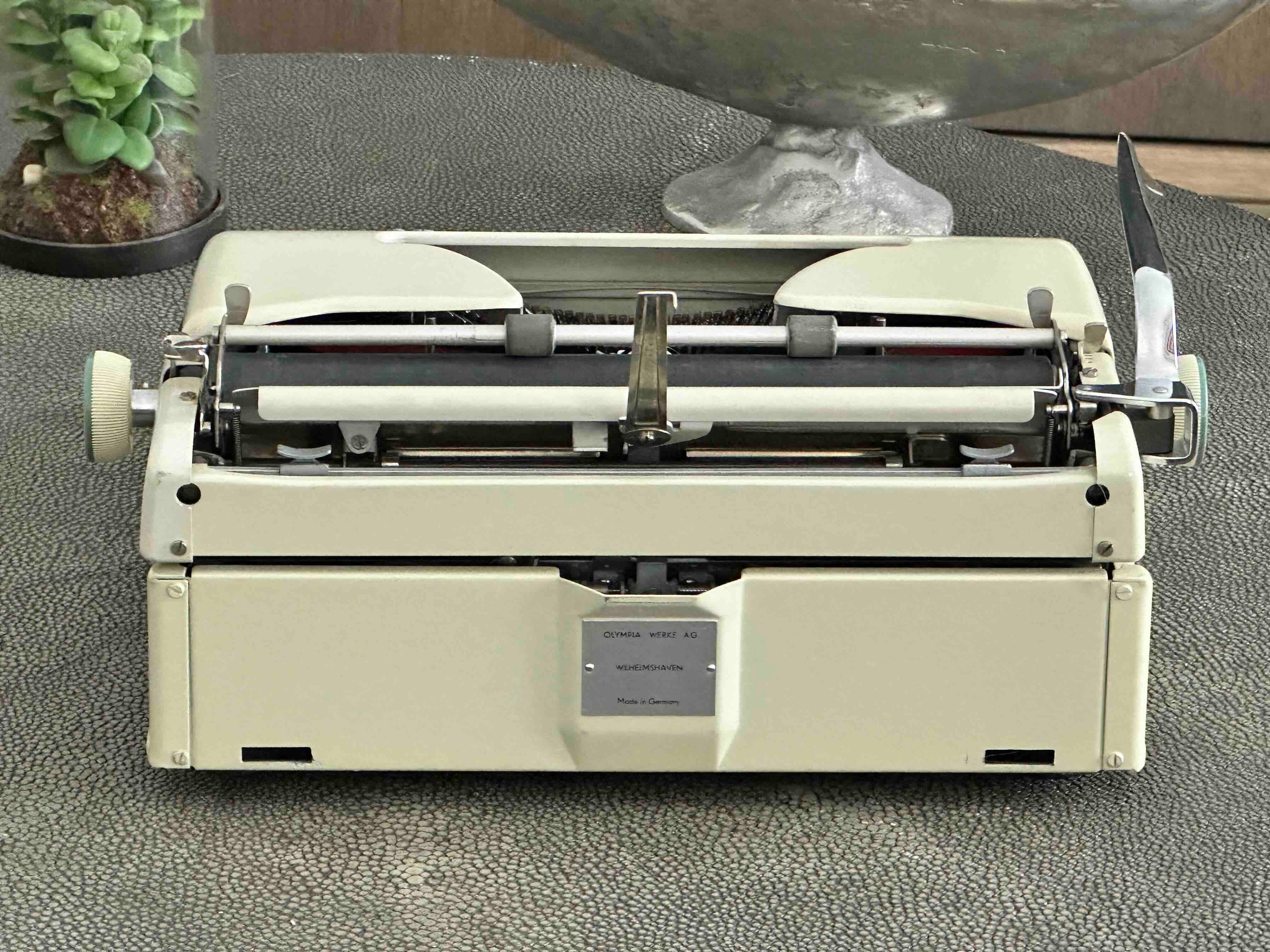 Olympia Monica Typewriter with Qwerty Layout, 1963, Pearl Body with Green Keys, Fully Functional