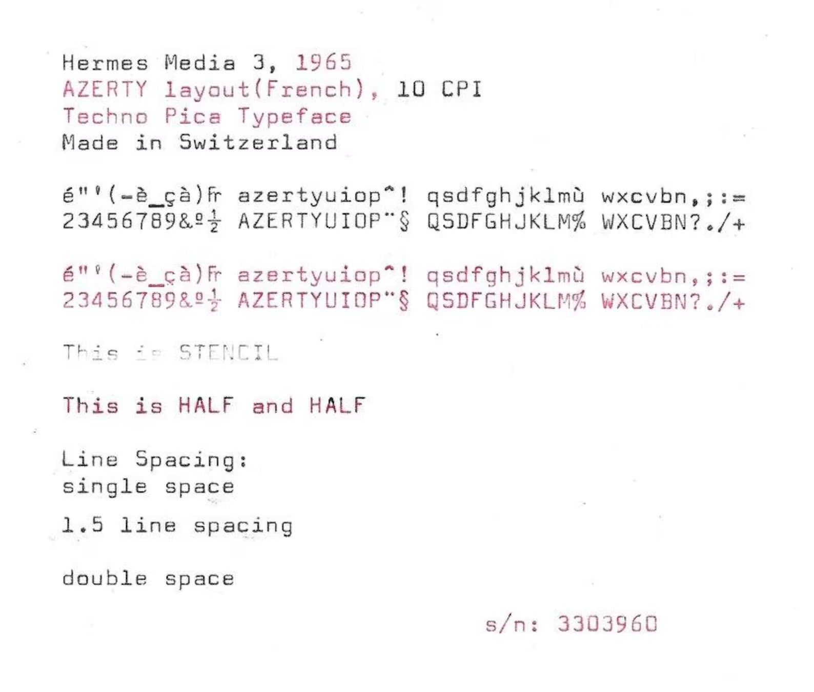 Hermes Media 3 Typewriter with Techno Pica Font, Azerty Layout, 1965, Made in Switzerland