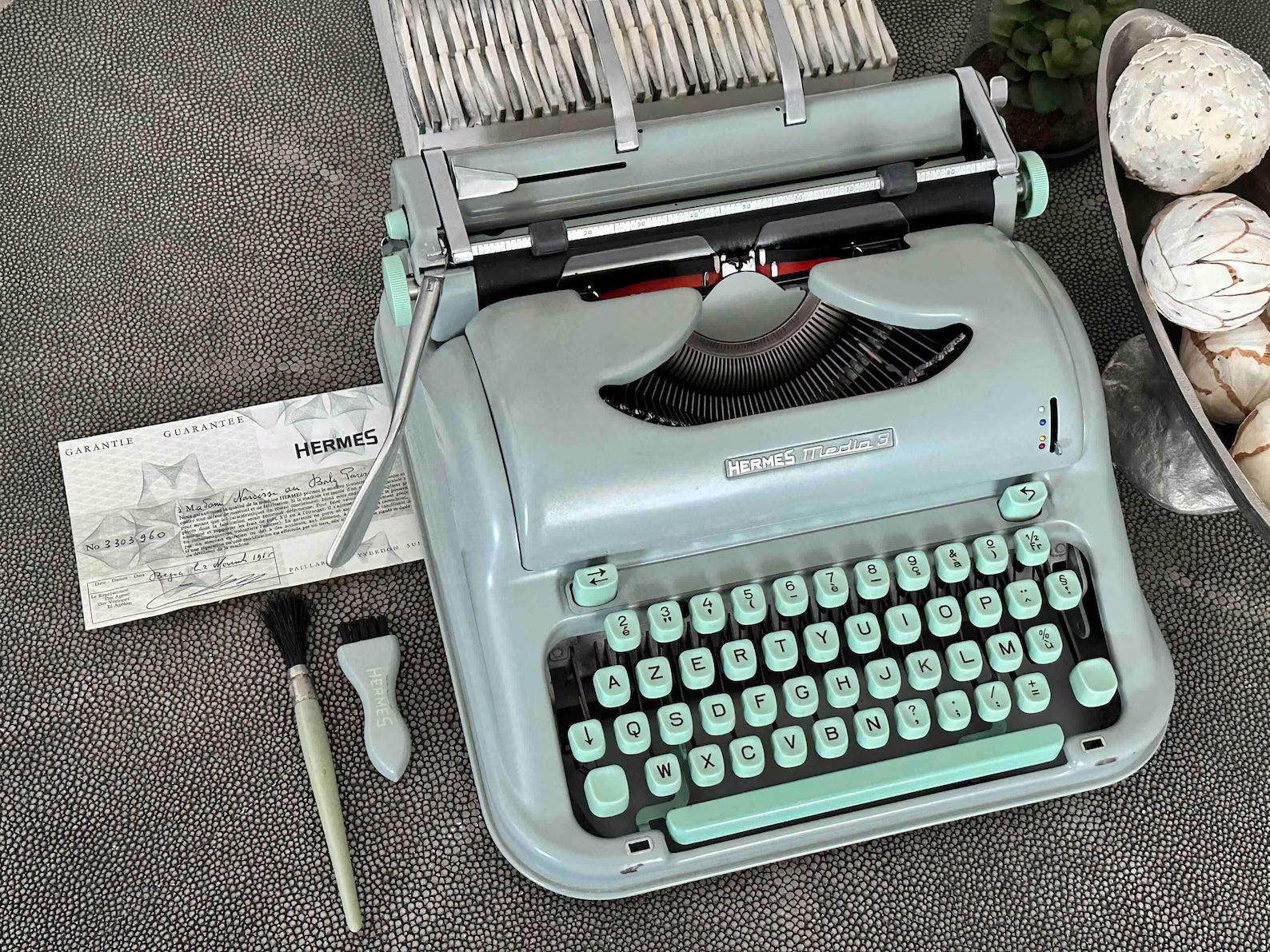 Hermes Media 3 Typewriter with Techno Pica Font, Azerty Layout, 1965, Made in Switzerland