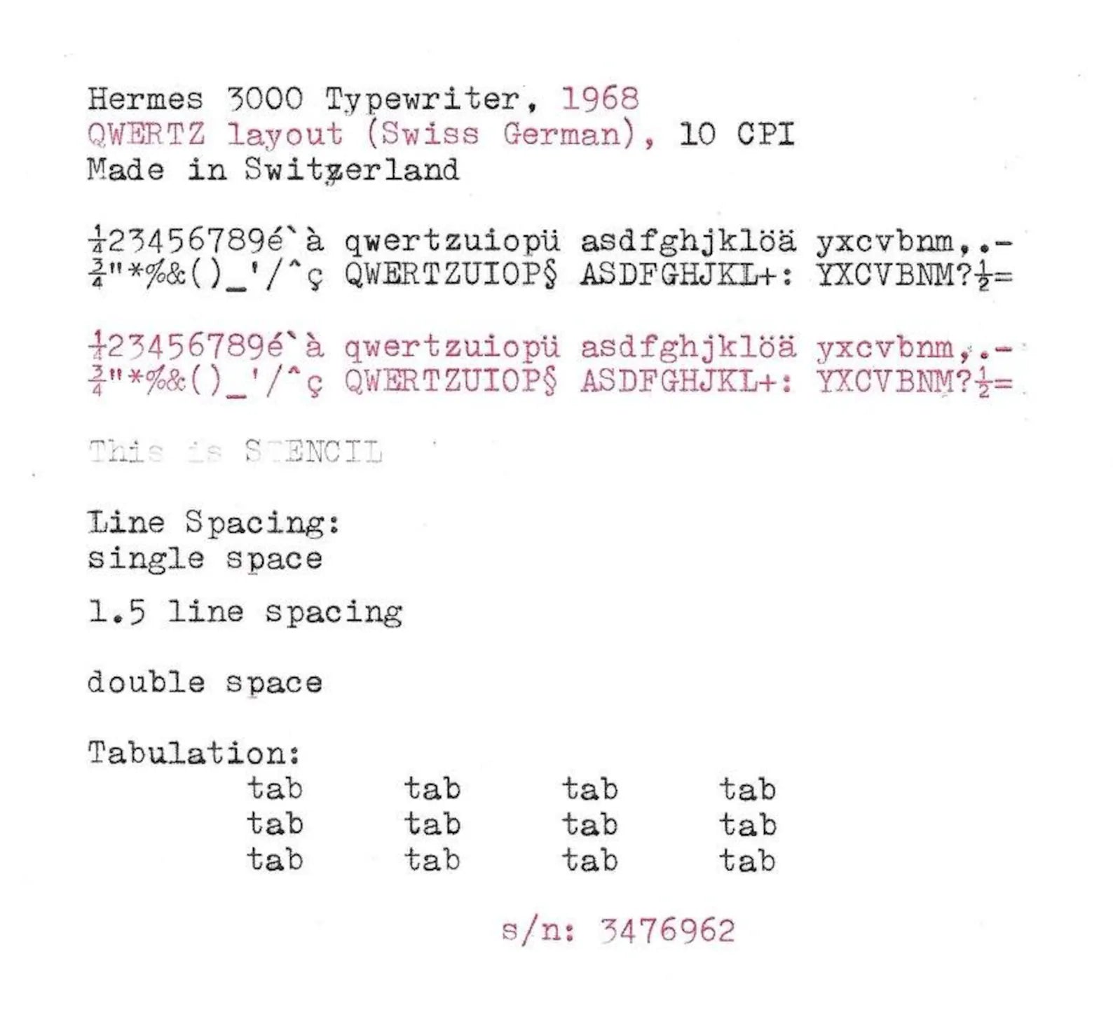 Hermes 3000 Typewriter with Qwertz Layout, 1968, Made in Switzerland, Fully Functional